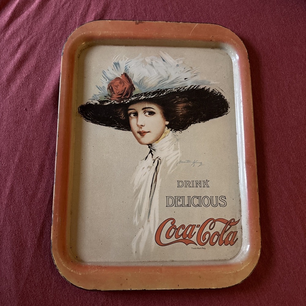 Vintage 1971 Coca-Cola Hamilton King Tin Tray Hat Lady Soda Pop Advertising